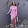 Hot Pink Women Ladies Bandage Elegant Tassel Dresses Long Sleeve Bodycon Long Dress Wholesale Free Ship HL3115