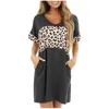 Casual Dresses Belted Sweater Dress Womens Leopard Short Sleeve V Neck Loose Comfy Pockets Shirts Deep