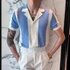 Camicie casual maschile camicia da uomo di lusso a maglia colore a strisce di contrasto jacquard tops a maglia da maglia da uomo cardigans estate manica corta abbottonatura