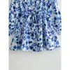 Casual Dresses Blue Floral Print Shirt Dress For Women Long Sleeve With Belt Short Office Vestidos