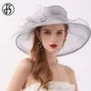 Wide Brim Hats Bucket Hats FS Pink Fedoras Hat Women Beige White Kentucky Derby Wide Brim Wedding Church Organza Party Hat Flower Flat Top Hats Y240426