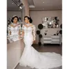 Vestido de noiva com vestidos longos mangas de sereia de noiva 3D Apliques de varredura de miçangas de miçangas