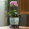 Doniczki Specjalne zniżki na chińskie fioletowe gliniane doniczki z bazową tacą Bonsai garnki Orchid Zielona roślina mięso Ceramika LF425 Q240429