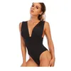 Dames katoen bodycon sexy nachtclub v nek dames bodysuits zwarte achtergrondloze mouwloze elegante dame korte jumpsuits