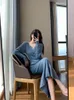 Casual Dresses Bodycon for Women 2024 V Neck Slim Fitted Midi Trumpet Dress Autumn Winter Long Sleeve Sticked