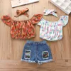 Schöne Mädchen Sommerkleidung Sets Kinder Outfits Blumenbrief bedruckte Top -Shirts Shorts Anzüge BH267