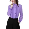 Women's Blouses 2024 Spring Women Purple Ruffles Blouse Long Sleeve Lace Top Elegant Slim Office Ladies Work Casual Shirts