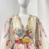 Sıradan elbiseler şık yaz kadın modaya uygun ipek keten çok renkli çiçek uzun kol v boyun elmasları gerilebilir büzülmüş bayan mini elbise