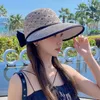 Summer Girls Sun Hats Wide Brim Bowknot Straw Hat with Ribbon Outdoor Protection Women Soild Color Ladies Panama Caps 240423