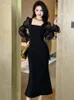 Casual Dresses Elegant Maxi For Women 2024 Vintage Black Sheer Long Sleeve Bandage Backless Fishtail Robe Femme Party Vestidos Spring