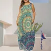 Plus Size Women Bohemian Printed Maxi Dress Elegant Sleeveless Robe Longue Summer Beach Pocket Long Dresses Casual Tank Kaftan 240422