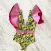 Swimwear féminin 2024 Sexy Ruffle Print Floral One Piece à lanière Slimming Women Swimsuit Deep-V Bathing Fissure Beach Wear Monkini