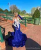 Royal Blue Prom Dresses for Black Women Promdress Plus Size Illusion Sequined Lace Appliqued Beaded Lace Birthday Party Dress Second Reception Gowns AM785