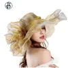 Chapeaux à bord large chapeau seau FS 2024 Fashion Summer Organza Kentucky Derby Chapeaux pour femmes Élégantes dames larges grand chapeau de mariage de l'église Brim avec Big Flower Y240426