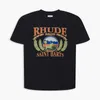 Luxo Rhuder Brand Designer T Shirts Sunshine Palm Tree Tree Cadeira de praia Impresso High Street Fashion Cotton Luva curta com 1: 1 logotipo