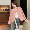 Autumn Winter Vintage Pink Tweed Weave Jacket Coat Women Small Fragrance Korean Tassel Woolen Coats Elegant Ytterkläder 240428