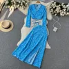 Frauen Chiffon Urlaub Bohemian Zwei Stücke Anzüge Sommer Schnüre -Up Top Split Long Rock Sets Y2K Blumendruck Strand 240412