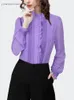 Women's Blouses 2024 Spring Women Purple Ruffles Blouse Long Sleeve Lace Top Elegant Slim Office Ladies Work Casual Shirts