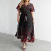 Vrouwen zomerjurk bloem print korte mouw aline kant -up gordel strakke taille plus size enkel lengte v nek party prom lady max 240422