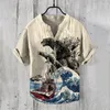 Chemises décontractées masculines 2024 Man Summer Henley Short Shirt Sleeve T-shirt Cross Border Bouton V-Neck Ink Art Print Tops