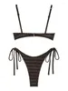 Women's Swimwear ZAFUL Sexy V Neck Swimsuit Lace Textured Knot Spaghetti Strap Tie Side Tanga String Bikini Set Two Piece Beach