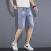 Мужские джинсы 2024 Мужские летние шорты Слим -голубая растяжка для манжеты расстроенные хип -хоп