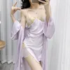 Hemkläder JXGARB 2024 Spring Summer Women's Ice-Silk Robe Gown Pyjamas Set Luxury Female Homewear Fashion Ladies Satin Night Suits