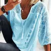 Blouses voor dames shirts dames uitgehold v-neck korte slve katoen wit shirt losse stiksel kanten blouse casual tops zomer mode 2024 24294 y240426