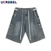 Men's Jeans Pocket Short Mens Washed Distressed Summer Streetwear Wide Leg Elastic Waist Denim Half Pants Men