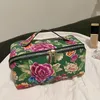 Cosmetic Bags Chinese Style Northeast Big Flower Vintage Bag PU Leather Organizer Case Large Capacity Skincare Open Flat