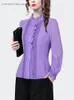 Women's Blouses 2024 Spring Women Purple Ruffles Blouse Long Sleeve Lace Top Elegant Slim Office Ladies Work Casual Shirts