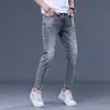 Mens European Printed Light Jeans Trend Spring/Summer 2023 Slim Fit Elastic Feet Long Pants