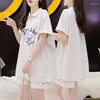 Koszule damskie luźne zwykłe czyste bawełniane wszechstronne letni garnitur sportowy dla kobiet w stylu koreańskim kołnierzem z krótkim rękawem szorty dwuczęściowy zestaw