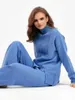 Women's Two Piece Pants Knitted Turtleneck Sweater And Pant Sets Solid Color Warm Tracksuit Wide Leg Female Autumn Pullovers