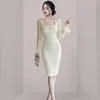 Повседневные платья 2024 Осенние корейские элегантные офисные леди бодикон -карандашные платья женщины квадратная шея на шарка