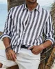 Męskie długi rękawoeved niebieski w paski koszulę drukowaną męską luksusowe luksusowe odzież Hawajska elegancka klasyczna moda 6xl 240428
