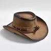 Chapéu de cowboy ocidental de couro 100% Men Brimened Gentleman Church Cap Chapé de Cowgirl Sombrero Hombre 240428