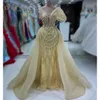 Mermaid Aso Ebi Gold Best Dress Pearls Lace Lace Evening Festa formal Festa de segunda recepção Vestidos de noivado de aniversário Vestidos Robe de Soiree ZJ es