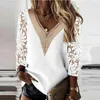 Blouzen voor damesoverhemden vrouwen tops elegant lange slve blouse veer v-hals stiksel hol uit kanten chiffon shirt casual losse kleding blusas 25948 y240426