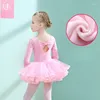 Vestido de balé infantil de mangas compridas em veludo macio e saia de gaze rosa para garotas de prática de dança para meninas