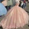 3D bloemen licht roze applique quinceanera jurken handgemaakte bloemen kralen riemen gelaagde tule op maat gemaakte prom sweet 16 verjaardagsfeestjurk