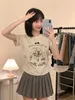 ボウノット漫画プリントコットンスリムTシャツ女性ファッションラックネックソフトショートスリーブスウィートガールズティーY2Kストリートクロッド240426