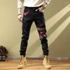 Men's Jeans For Men Trousers With Holes Male Cowboy Pants Torn Broken Ripped Pockets Cropped Black Print Washed Korean Style Xs