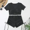 Kadın Mayo Bikini Seti Black Drawstring Mujer 2024 Mahsul Top Şort Alt Mayo Kadın Seksi Mayo Sahibi Beach Giyim Yüzmek