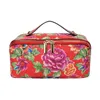 Cosmetic Bags Chinese Style Northeast Big Flower Vintage Bag PU Leather Organizer Case Large Capacity Skincare Open Flat