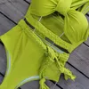 Women's Swimwear Sexy Women Bikini Set Braided Rope Strap Hollow Bra High Waist Swim Briefs Split Design Bathing Suit 2Pcs/Set Beachwear