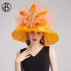 Chapeaux à bord large chapeau seau fs 2024 Femme Kentucky Derby Chapeaux pour femmes Organza Sun Sombrero avec une fleur de fleur en mesh Bride Church Cocktail Fedora Y240426