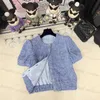 Luksusowa designerska kurtka damska wiosna/lato nowy produkt mały pachnący niebieski cienki tweedowy płaszcz z krótkim rękawem