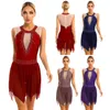 Stage Wear Women Figuur Skating Dance Dress Performance Peredume Sheer Patchwork Mesh Tuchard Glitter Rhinestone Mouwloze jurken