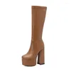 Сапоги Boots Western Ladies Shoes большой размер 34-43 коричневая слоновая кость в белом кругу круглой ноги каблуки PU